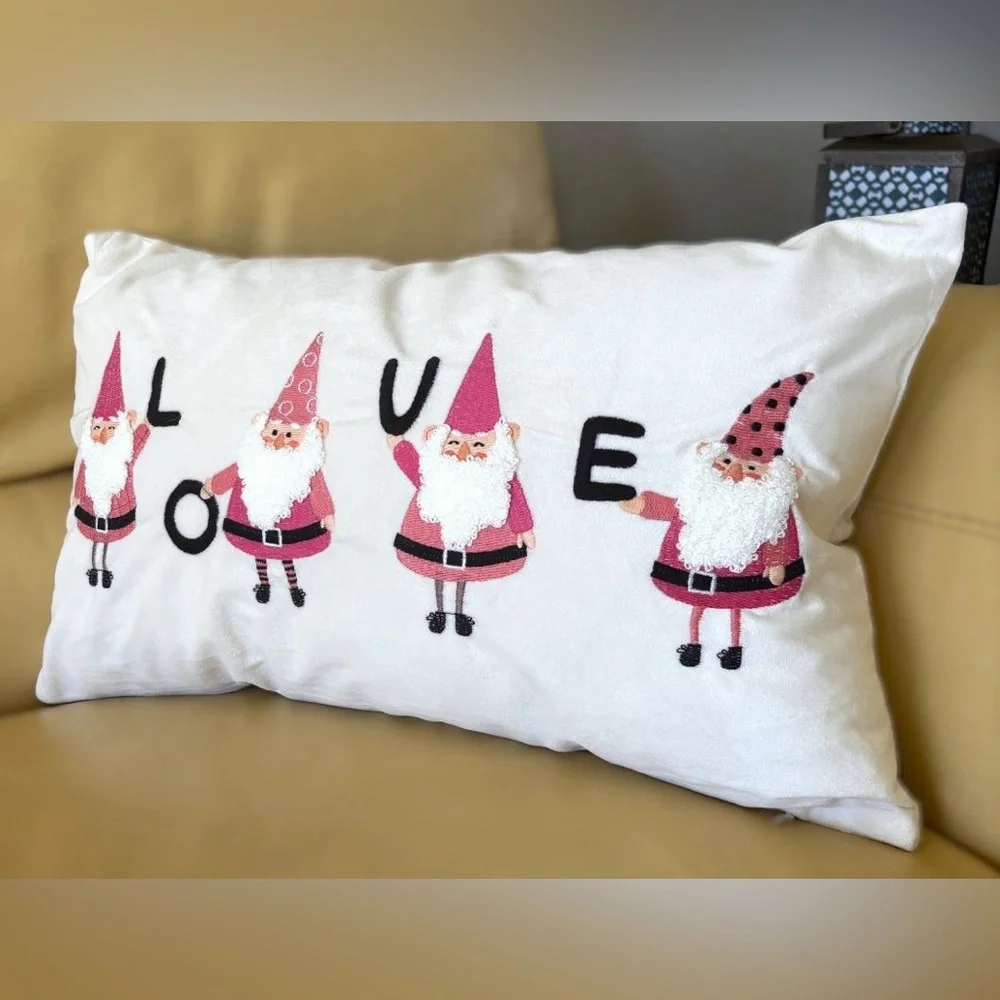 12x20 Embroidered Valentine's Gnomes Pink Black LOVE Velvet Throw Pillow Cover